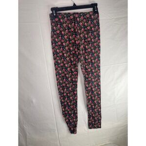 Y2K Active Basic Womens Floral Leggings Black Pink Rose Print Size L 8648 cotton